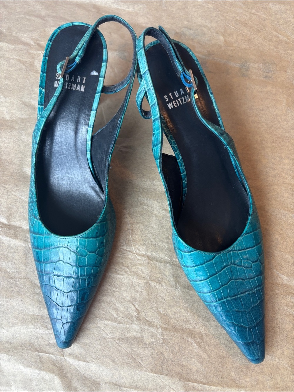 Stuart Weitzman Teal Croc-Embossed Pointed Slingback Pumps